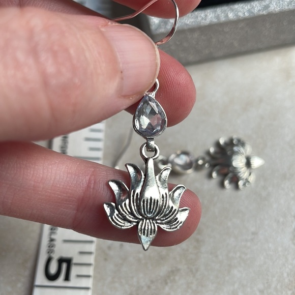 Sterling silver lotus flower earrings crystal drop - Picture 9 of 13